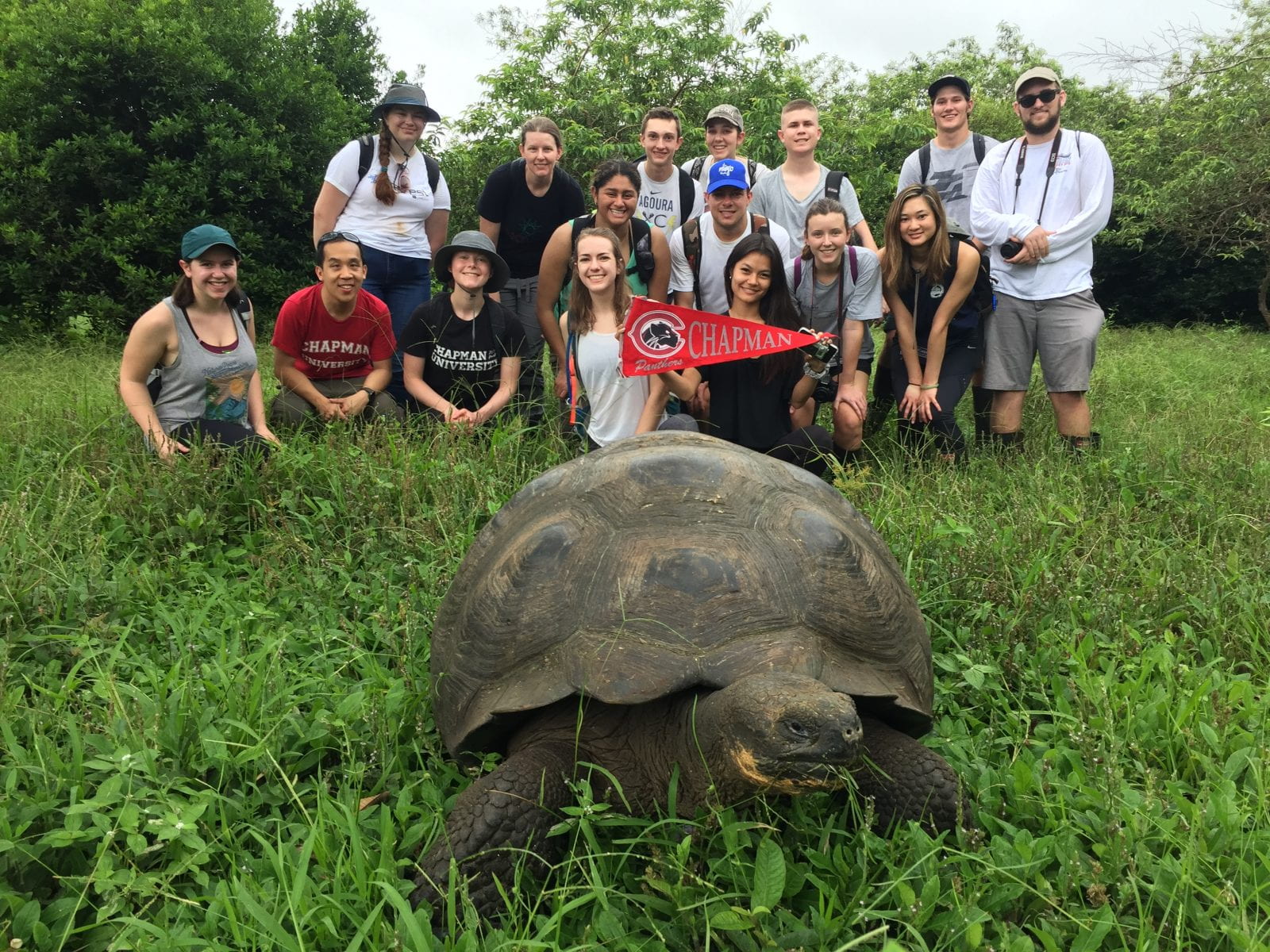 Photo of group in the Galapagos with a giant tortoise